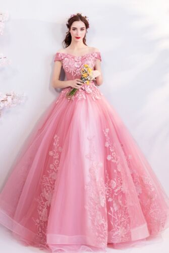 Rose Pink Princess Dress | Off-the-Shoulder Embroidered Tulle | Prom/Formal