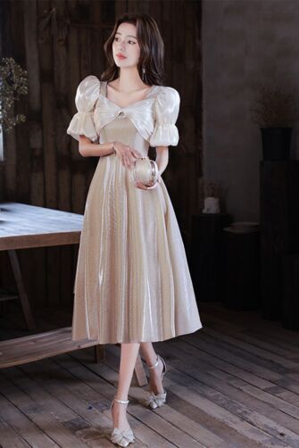 Gold Glitter A-Line Cocktail Dress | Tea-Length | Puff Sleeves