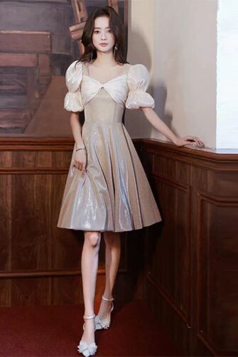 Gold Glitter Fit-and-Flare Party Dress | Puff Sleeves | Short A-Line