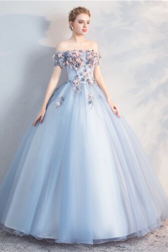 Powder Blue Princess Dress | Off-the-Shoulder Embroidered Tulle 