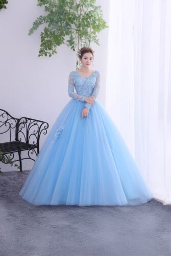 Frozen Whisper – Long Sleeve Sky Blue Ball Gown