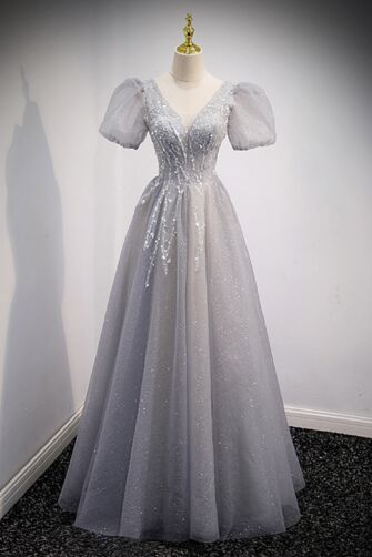 Light Grey Sparkle Prom Dress — Puff Sleeves, Flowing Tulle Skirt