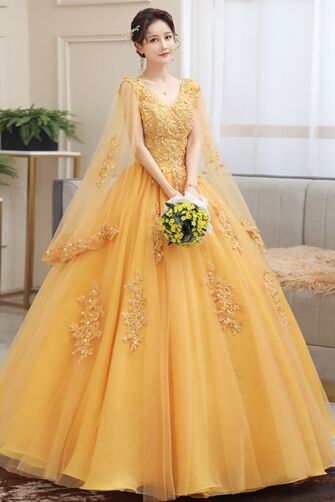 Sunshine Gold V-Neck Capelet Tulle Ball Gown with Floral Appliqué