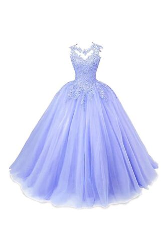 Periwinkle Illusion-Neck Lace Appliqué Tulle Ball Gown