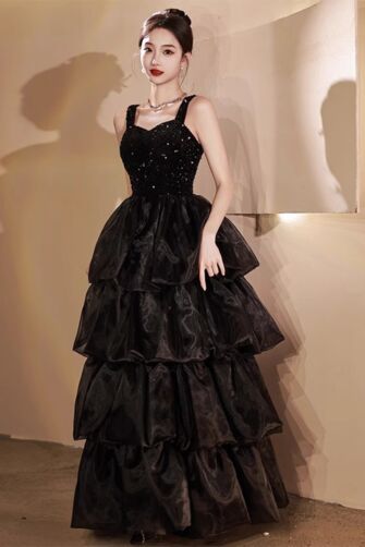 Midnight Sonata – Layered Black Evening Gown