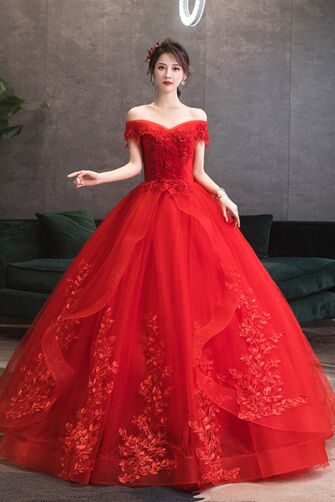 Scarlet Off-Shoulder Floral Appliqué Tulle Ball Gown