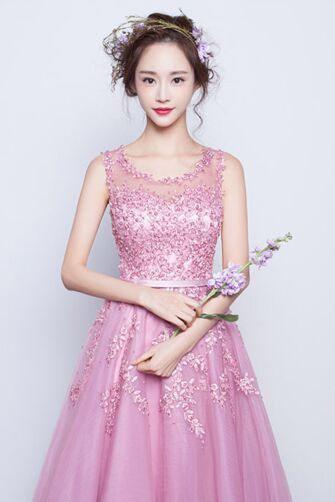 Blush Pink Illusion-Neck Beaded Lace Tulle Evening Gown