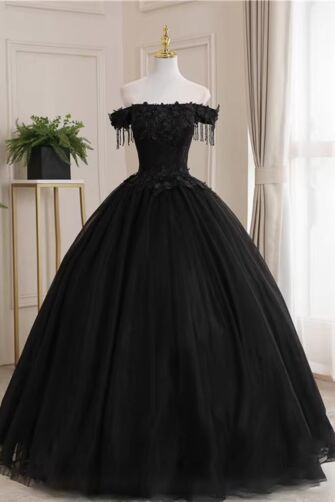 Black Off-Shoulder Lace Appliqué Tulle Ball Gown with Fringe Trim