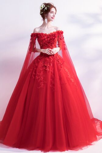 Scarlet Princess Dress | Off-the-Shoulder | Sheer Cape Overlay | Floor-Length