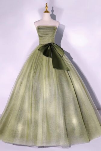 Sage Green Strapless Tulle Ball Gown with Satin Bow