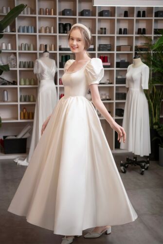 Ivory Satin Puff-Sleeve Pearl-Trim Square-Neck Gown