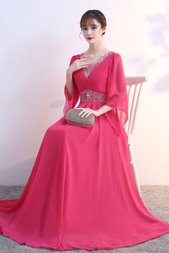 Fuchsia V-Neck Beaded Chiffon Evening Gown with Flutter Sleeves