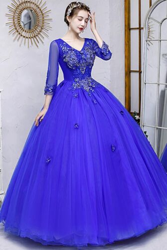 Royal Blue V-Neck Beaded Tulle Ball Gown with Sheer 3/4 Sleeves