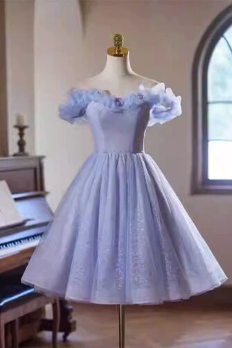 Lavender Off-Shoulder Ruffled Tulle Tea-Length Dress
