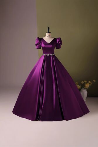 Majestic Amethyst – Satin Ball Gown with Puff Sleeves and Crystal Belt