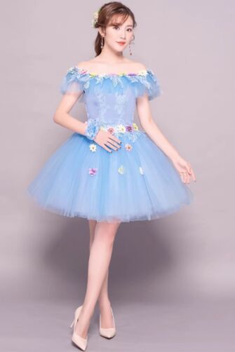 Sky Blue Off-Shoulder Floral Appliqué Tulle Cocktail Dress