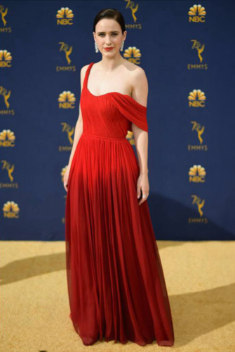 Rachel Brosnahan Red Off-the-Shoulder Pleated Chiffon Gown Emmys 2018