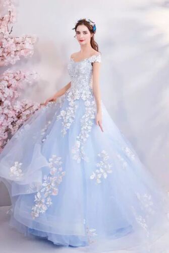 Powder Blue Off-Shoulder Floral Appliqué Tulle Ball Gown