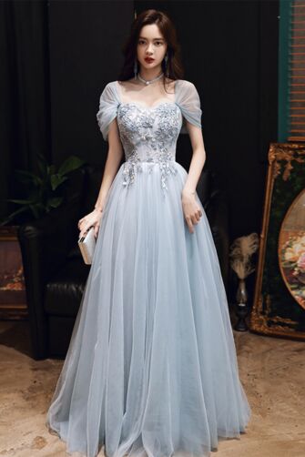 Moonlit Petals” Light Blue Embroidered Tulle Ball Gown