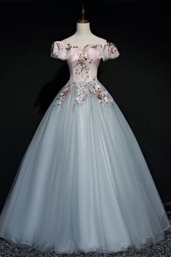 Slate Blue Off-Shoulder Floral Appliqué Tulle Ball Gown