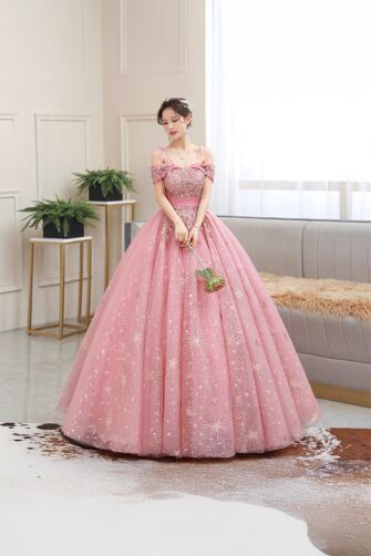 Starlit Whisper – Pink Off-Shoulder Ball Gown