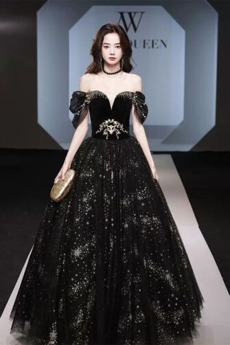 Black Off-Shoulder Velvet Bodice Starry Tulle Ball Gown