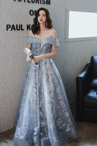 Silver Off-Shoulder Metallic Brocade Ball Gown