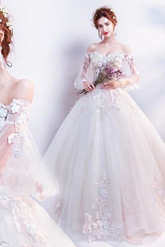Romantic Tulle Princess Wedding Dress — Sheer Sleeves, 3D Flowers