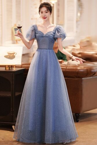 Dusty Blue Puff-Sleeve Glitter Tulle Evening Gown