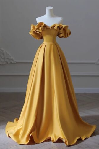 Mustard Satin Off-Shoulder Ruffle Ball Gown