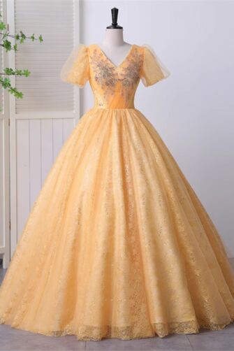 Sunflower Yellow V-Neck Glitter Tulle Prom Dress