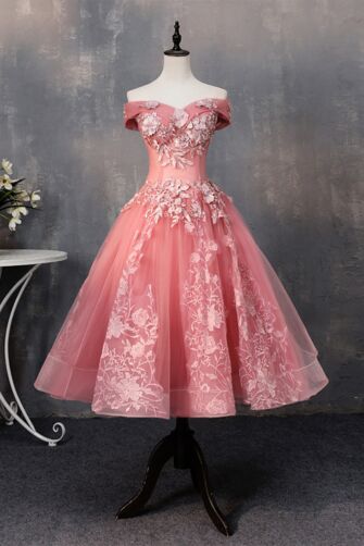 Off-Shoulder Tea-Length Ball Gown with 3D Floral Appliqué