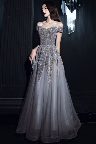 Silver Off-Shoulder Sequin A-Line Evening Gown with Sparkly Tulle Skirt