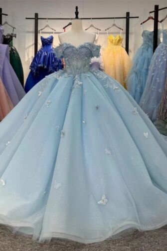 Cinderella Blue Off-Shoulder Butterfly Appliqué Ball Gown – Sparkling Princess Evening Dress