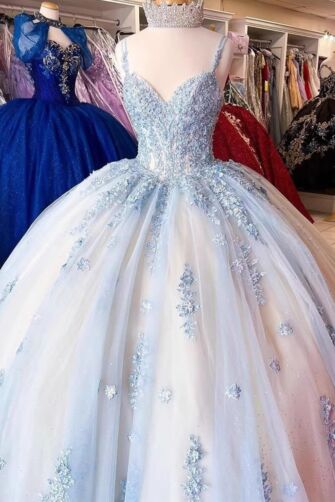 Sparkling Ball Gown with Floral Appliqué – Elegant Princess Prom or Quinceañera Dress