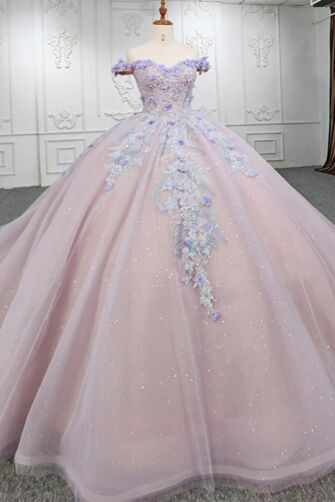 Blush Pink Off-Shoulder Sparkling Ball Gown with Blue Floral Appliqué – Fairytale Princess Evening Dress