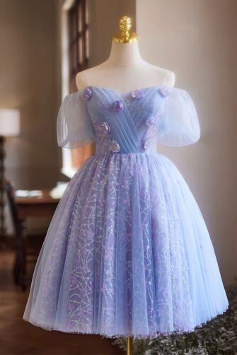 Lavender Off-Shoulder Midi Tulle Dress with Floral Appliqué