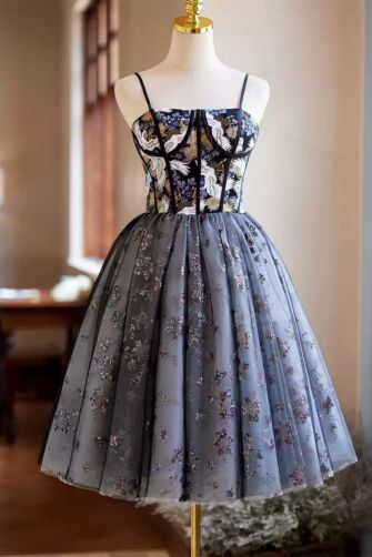 Elegant Black and Gray Floral Embroidered Corset Midi Dress