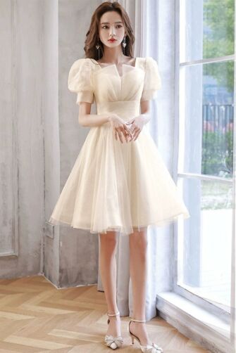 Champagne Puff Sleeve Short Tulle Dress