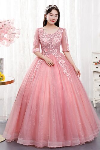 Elegant Pink Floral Embroidered Ball Gown