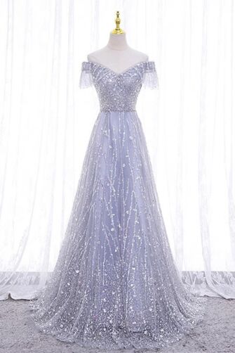 Elegant Silver Off-Shoulder Sequin Evening Gown