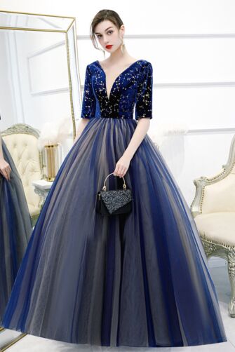 Navy Blue Sequin Velvet Deep V-Neck Evening Ball Gown with Half Sleeves and Tulle Skirt