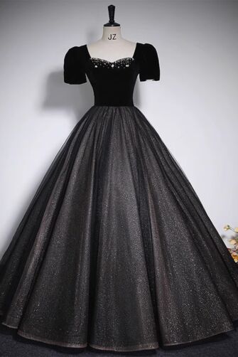 Black Velvet Puff-Sleeve Ball Gown with Beaded Sweetheart Neckline