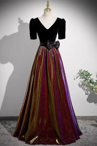Black Velvet V-Neck Puff-Sleeve Evening Gown with Iridescent Rainbow Metallic A-Line Skirt and Satin Bow