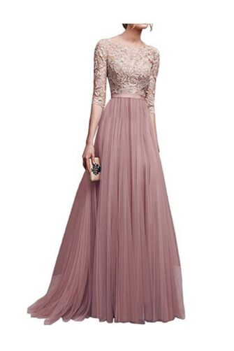 Dusty Rose Lace and Tulle Evening Gown with 3/4 Sleeves and A-Line Skirt