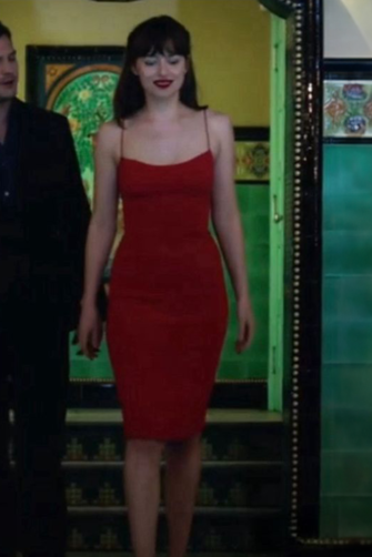 Dakota Johnson Fiery Red Spaghetti Strap Sheath Engagement Dress Fifty Shades Darker