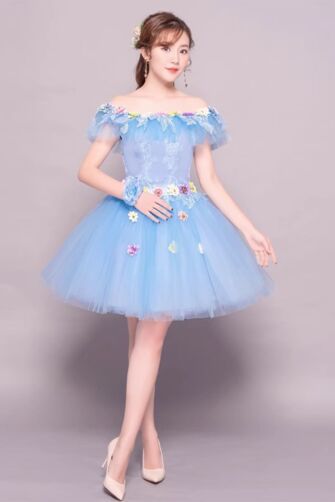 Off-Shoulder Short Tulle Dress with Floral Appliqués