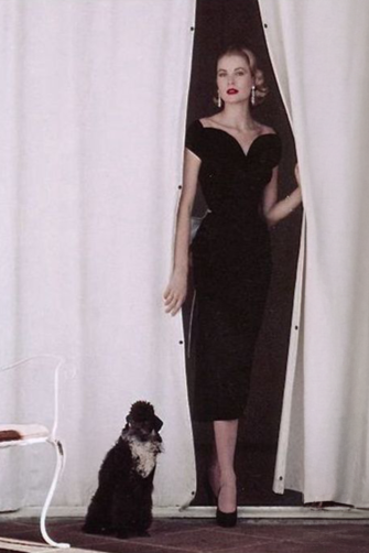 Grace Kelly Black Velvet Tea Length Vintage Celebrity Dress 1950s Fashion