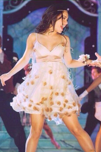 Gabriella Montez Champagne Floral Appliqué Spaghetti Strap Tulle Mini Prom Dress High School Musical 3