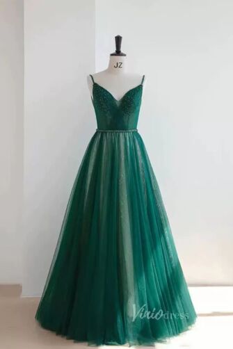 Emerald Green Spaghetti Strap Tulle A-Line Prom Dress